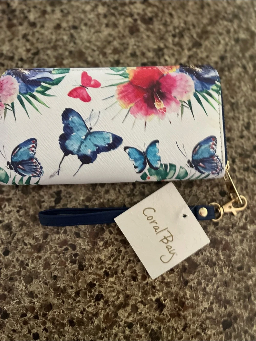 Coral Bay White Floral & Blue Butterfly Zip Wristlet